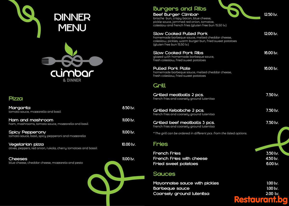 Menu CLIMBAR & DINNER